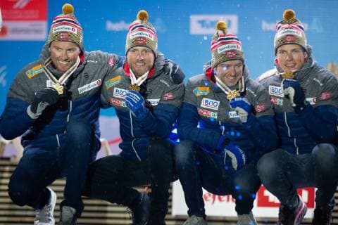 NORDIC SKIING - FIS Nordic World Ski Championships Seefeld 2019 SEEFELD,AUSTRIA,01.MAR.19 - NORDIC SKIING, CROSS COUNTRY SKIING - FIS Nordic World Ski Championships, 4x10km relay, men, medal plaza, award ceremony. Image shows the rejoicing of NOR with Emil Iversen, Martin Johnsrud Sundby, Sjur Roethe and Johannes Hoesflot Klaebo (NOR).. GEPAxpictures xPhilippxBrem