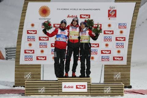 NORDIC SKIING - FIS Nordic World Ski Championships Seefeld 2019 SEEFELD,AUSTRIA,01.MAR.19 - NORDIC SKIING, Ski jumping Skispringen Ski nordisch - FIS Nordic World Ski Championships, normal hill, men. Image shows Kamil Stoch (POL), Dawid Kubacki (POL) and Stefan Kraft (AUT). GEPAxpictures xAndreasxPranter