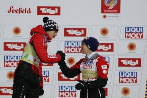 NORDIC SKIING - FIS Nordic World Ski Championships Seefeld 2019 SEEFELD,AUSTRIA,01.MAR.19 - NORDIC SKIING, Ski jumping Skispringen Ski nordisch - FIS Nordic World Ski Championships, normal hill, men. Image shows Dawid Kubacki (POL) and Stefan Kraft (AUT). GEPAxpictures xAndreasxPranter