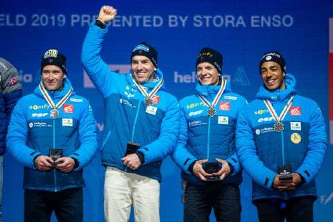 NORDIC SKIING - FIS Nordic World Ski Championships Seefeld 2019 SEEFELD,AUSTRIA,01.MAR.19 - NORDIC SKIING, CROSS COUNTRY SKIING - FIS Nordic World Ski Championships, Medal Plaza, award ceremony, 4x10km relay, men. Image shows Adrien Backscheider (FRA), Maurice Manificat (FRA), Clement Parisse (FRA) and Richard Jouve (FRA). GEPAxpictures xPhilippxBrem