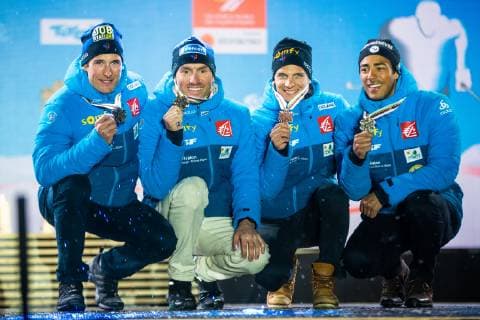 NORDIC SKIING - FIS Nordic World Ski Championships Seefeld 2019 SEEFELD,AUSTRIA,01.MAR.19 - NORDIC SKIING, CROSS COUNTRY SKIING - FIS Nordic World Ski Championships, Medal Plaza, award ceremony, 4x10km relay, men. Image shows Adrien Backscheider (FRA), Maurice Manificat (FRA), Clement Parisse (FRA) and Richard Jouve (FRA). GEPAxpictures xPhilippxBrem