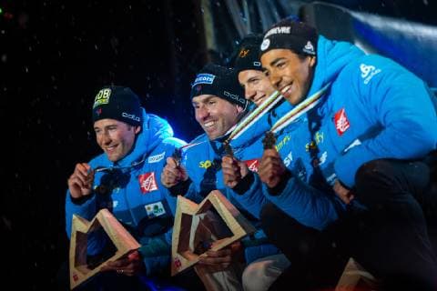 NORDIC SKIING - FIS Nordic World Ski Championships Seefeld 2019 SEEFELD,AUSTRIA,01.MAR.19 - NORDIC SKIING, CROSS COUNTRY SKIING - FIS Nordic World Ski Championships, Medal Plaza, award ceremony, 4x10km relay, men. Image shows Adrien Backscheider (FRA), Maurice Manificat (FRA), Clement Parisse (FRA) and Richard Jouve (FRA). GEPAxpictures xPhilippxBrem