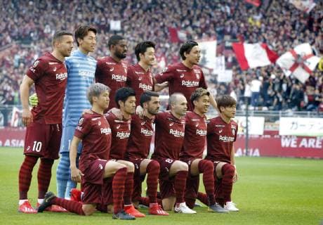 Football: Vissel Kobe-Sagan Tosu in J-League Vissel Kobe s starting eleven pose for a photo before a J-League football match against Sagan Tosu in Kobe, western Japan, on March 2, 2019. Among them are Lukas Podolski (far L in back row), David Villa (3rd from L in front row) and Andres Iniesta (3rd from R in front row). 