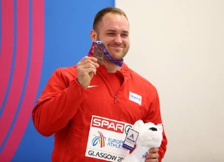 2nd March 2019, Emirates Arena, Glasgow, Scotland; European Athletics Indoor Championships, day 2; Tomas Stanek (CZE) with the bronze medal for the mens Shot Put event  ActionPlus12109862 VagelisxGeorgariou