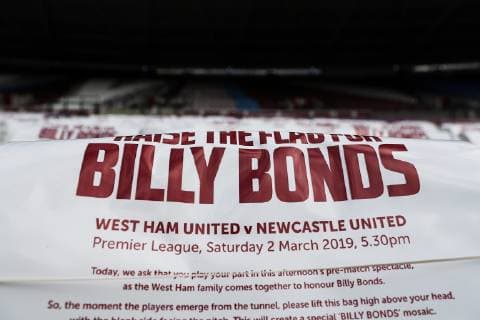 2nd March 2019, London Stadium, London, England; EPL Premier League football, West Ham United versus Newcastle United; West Ham United fans given sheets celebrating West Ham United legend Billy Bonds to celebrate the renaming of the East Stand  ActionPlus12109918 JohnxPatrickxFletcher