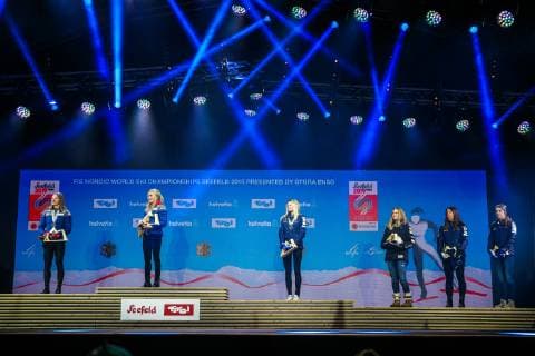 NORDIC SKIING - FIS Nordic World Ski Championships Seefeld 2019 SEEFELD,AUSTRIA,02.MAR.19 - NORDIC SKIING, CROSS COUNTRY SKIING - FIS Nordic World Ski Championships, Medal Plaza, award ceremony, 30km mass start, ladies. Image shows Ingvild Flugstad Oestberg (NOR), Therese Johaug (NOR), Frida Karlsson (SWE), Jessica Diggins (USA), Charlotte Kalla (SWE) and Ebba Andersson (SWE). GEPAxpictures xPhilippxBrem