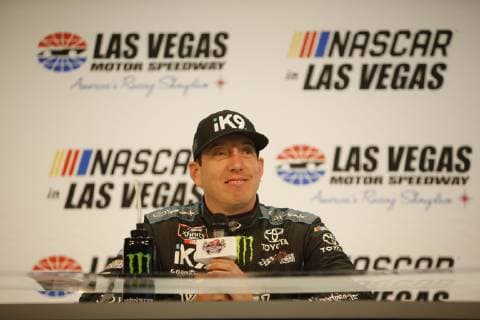 LAS VEGAS, NV - MARCH 02: Kyle Busch (18) Joe Gibbs Racing (JGR) Toyota Supra answers questions in the ThriveHive Digital Center deadline room after winning the NASCAR Motorsport USA Xfinity Series Boyd Gaming 300 on March 2, 2019, at Las Vegas Motor Speedway in Las Vegas, NV. (Photo by Matt Bolt Icon Sportswire) AUTO: MAR 02 NASCAR Xfinity Series - Boyd Gaming 300 Icon114190302299300