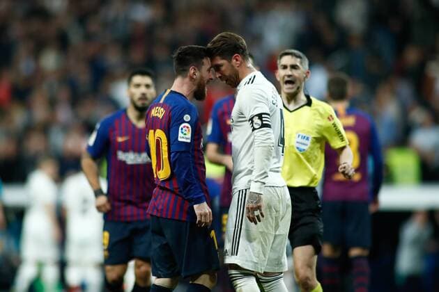March 2, 2019 - Madrid, MADRID, SPAIN - Lionel (Leo) Messi of FC Barcelona Barca fight with Sergio Ramos of Real Madrid during the spanish league, La Liga, football match played between Real Madrid and FC Barcelona at Santiago Bernabeu Stadium in Madrid, Spain, on March 02, 2019. Soccer: La Liga - Real Madrid v FC Barcelona - ZUMAa181 20190302_zaa_a181_065 Copyright: xAFP7x