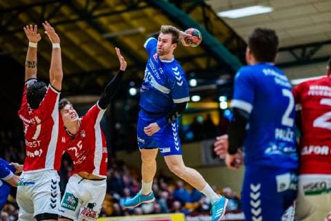 Handball - 2. Bundesliga (Herren), Saison 2018-2019, Dessau-Rosslauer HV 06 - Handball Hamburg Florian Pfeiffer 14 (Dessau-Rosslauer HV 06), Kevin Herbst 77 (Hamburg Handball), Finn Wullenweber 25 (Hamburg Handball) waehrend Saison 2018-2019 in der Handball 2. Bundesliga (Herren) zwischen Dessau-Rosslauer HV 06 und Handball Hamburg in der Anhalt Arena am 3. March 2019 in Bauhausstadt Dessau, Sachsen Anhalt (Saxony Anhalt), Deutschland (Germany)