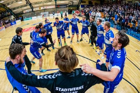 Handball - 2. Bundesliga (Herren), Saison 2018-2019, Dessau-Rosslauer HV 06 - Handball Hamburg Jubel beim Dessau-Rosslauer HV 06 nach Sieg 32:28 waehrend Saison 2018-2019 in der Handball 2. Bundesliga (Herren) zwischen Dessau-Rosslauer HV 06 und Handball Hamburg in der Anhalt Arena am 3. March 2019 in Bauhausstadt Dessau, Sachsen Anhalt (Saxony Anhalt), Deutschland (Germany)