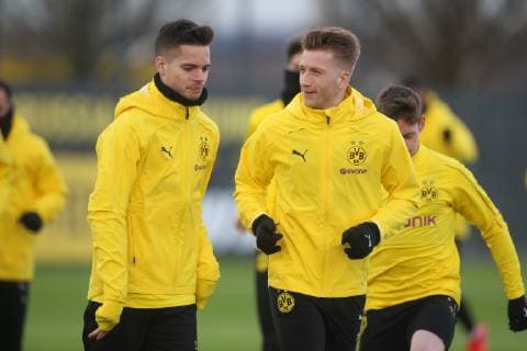 Fußball: 1. Bundesliga, Saison 2018 2019, 04.03.2019 - Abschlusstraining Borussia Dortmund v. l. Julian WEIGL (Borussia Dortmund), Marco REUS (Borussia Dortmund) Copyright: xKirchnerx