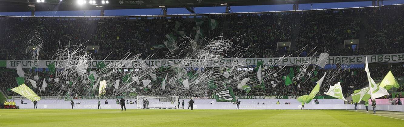 03.03.2019, Volkswagen Arena, Wolfsburg, Ligaspiel, 1. Liga, VfL Wolfsburg vs SV Werder Bremen, im Bild Uebersicht Fan Choreographie VfL Wolfsburg DFL regulations prohibit any use of photographs as image sequences and or quasi-video. VfL Wolfsburg vs SV Werder Bremen
