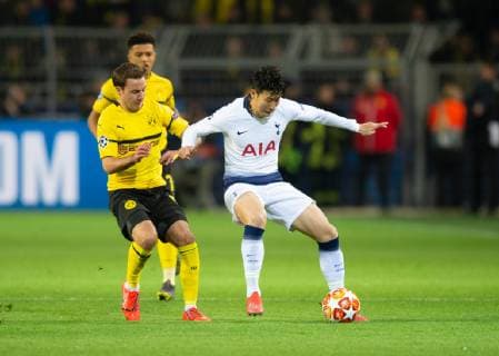 Borussia Dortmund v Tottenham Hotspur UEFA Champions League Son Heung-Min of Tottenham Hotspur (right) shields the ball from Mario Gotze of Borussia Dortmund during the UEFA Champions League match at Signal Iduna Park, Dortmund Content Not Available For UK Newspapers Copyright: xRussellxHartx FIL-12958-0002