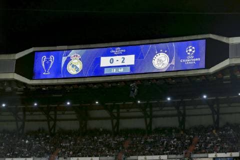 MADRID, 05-03-2019, Stadium Bernabeu, season 2018 2019 , Champions League 1 8th round second leg. Stadium boarding show 0-2 during the game Real Madrid - Ajax . Real Madrid - Ajax  x2901377x