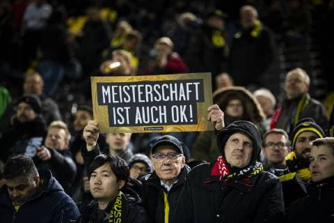 GER, UEFA CL, Borussia Dortmund vs Tottenham Hotspur 05.03.2019, Signal Iduna Park, Dortmund, GER, UEFA CL, Borussia Dortmund vs Tottenham Hotspur, UEFA REGULATIONS PROHIBIT ANY USE OF PHOTOGRAPHS AS IMAGE SEQUENCES AND OR QUASI-VIDEO im Bild picture shows: Fan mit Plakat,