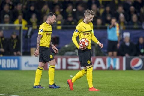Fußball: UEFA Champions League, CL, Saison 2018 2019, Achtelfinale Rückspiel, Borussia Dortmund - Tottenham Hotspurs in Dortmund (Nordrhein-Westfalen). Dortmunds Paco Alcacer (l.) und Dortmunds Marco Reus sind enttäuscht. UEFA REGULATIONS PROHIBIT ANY USE OF PHOTOGRAPHS AS IMAGE SEQUENCES AND OR QUASI-VIDEO. Copyright: xKirchner DavidxInderliedx