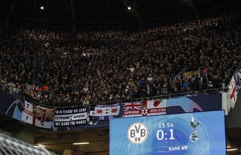 Tottenham fans celebrate inside the stadium during the UEFA Champions League Round of Sixteen match at the Signal Iduna Park Stadium, Dortmund. Picture date: 5th March 2019. Picture credit should read: David Klein Sportimage EDITORIAL USE ONLY. No use with unauthorised audio, video, data, fixture lists, club league logos or live services. Online in-match use limited to 120 images, no video emulation. No use in betting, games or single club league player publications. SPI_063_DK_Dortmund_Spurs.jpg