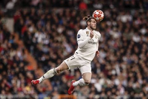 5th March 2019, Santiago Bernabeu, Madrid, Spain; UEFA Champions League football, round of 16, second leg, Real Madrid versus Ajax; Gareth Bale (Real Madrid) leaps high to win and control the header on as a substitute  ActionPlus12111178 LeonardoxPrieto
