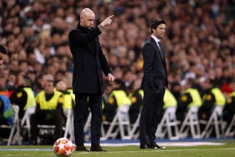 (l-r) Ajax coach Erik ten Hag, Real Madrid coach Santiago Solari during the UEFA Champions League round of 16 match between Real Madrid and Ajax Amsterdam at the Santiago Bernabeu stadium on March 05, 2019 in Madrid, Spain UEFA Champions League 2018 2019 xVIxVIxImagesx xMauricexvanxSteenxIVx 13823577