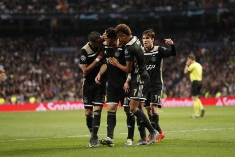 (l-r) Hakim Ziyech of Ajax, Dusan Tadic of Ajax, David Neres of Ajax, Nico Tagliafico of Ajax during the UEFA Champions League round of 16 match between Real Madrid and Ajax Amsterdam at the Santiago Bernabeu stadium on March 05, 2019 in Madrid, Spain UEFA Champions League 2018 2019 xVIxVIxImagesx xMauricexvanxSteenxIVx 13823580