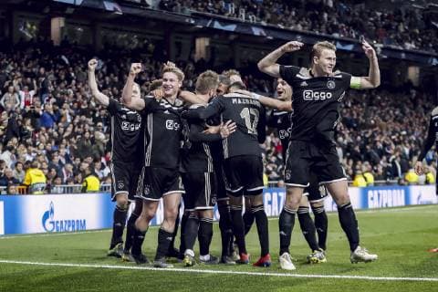 MADRID, 05-03-2019, Stadium Bernabeu, season 2018 2019 , Champions League 1 8th round second leg. Ajax celebrating 1-4 during the game Real Madrid - Ajax . Real Madrid - Ajax  x2901747x