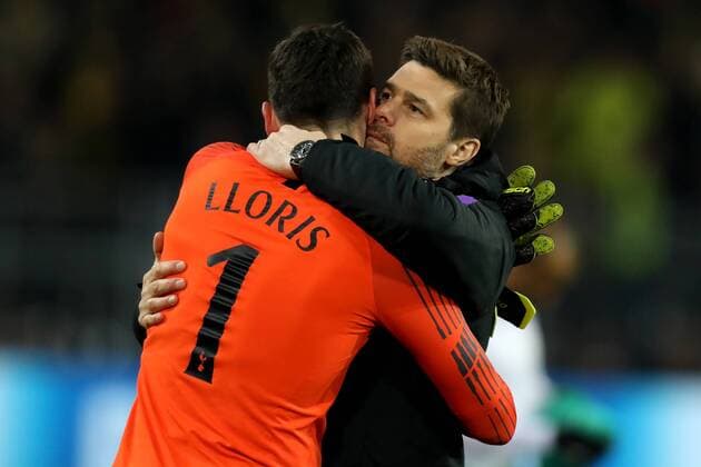5th March 2019, Westfalenstadion, Dortmund, Germany; UEFA Champions League football, round of 16, second leg, Borussia Dortmund versus Tottenham Hotspur; Hugo Lloris of Tottenham Hotspur celebrates the 0-1 win with Tottenham Hotspur Manager Mauricio Pochettino  ActionPlus12111195 ShaunxBrooks