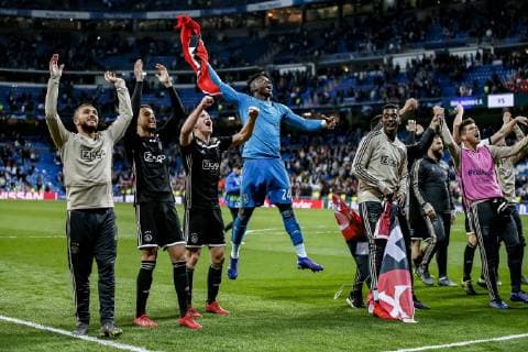 MADRID, 05-03-2019, Stadium Bernabeu, season 2018 2019 , Champions League 1 8th round second leg. Ajax celebrating the win after the game Real Madrid - Ajax (1-4). Real Madrid - Ajax  x2901918x