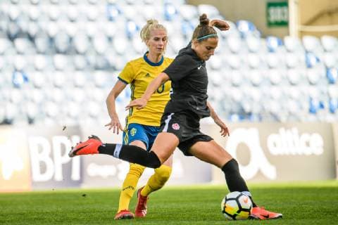 190306 Sofia Jakobsson of Sweden and Shelina Zadorsky of Canada during the Algarve Cup 2019 match between Canada and Sweden on March 6, 2019 in Almancil. Photo: Ludvig Thunman BILDBYRAN kod LT 35616 Copyright: LUDVIGxTHUNMAN BB190306LT009