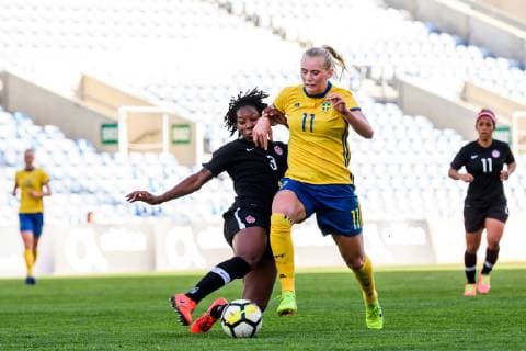 190306 Kadeisha Buchanan of Canada and Stina Blackstenius of Sweden during the Algarve Cup 2019 match between Canada and Sweden on March 6, 2019 in Almancil. Photo: Ludvig Thunman BILDBYRAN kod LT 35616 Copyright: LUDVIGxTHUNMAN BB190306LT025