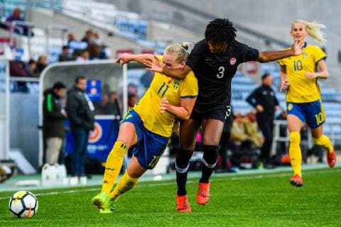 190306 Kadeisha Buchanan of Canada and Stina Blackstenius of Sweden during the Algarve Cup 2019 match between Canada and Sweden on March 6, 2019 in Almancil. Photo: Ludvig Thunman BILDBYRAN kod LT 35616 Copyright: LUDVIGxTHUNMAN BB190306LT051