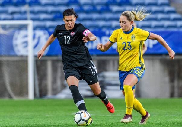 190306 Christine Sinclair of Canada and Elin Rubensson of Sweden during the Algarve Cup 2019 match between Canada and Sweden on March 6, 2019 in Almancil. Photo: Ludvig Thunman BILDBYRAN kod LT 35616 Copyright: LUDVIGxTHUNMAN BB190306LT065