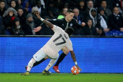 Paris, France, 06.03.2019, UEFA Champions League - 2018 19 Season, Round of 16, 2nd leg, Achtelfinale, Paris Saint-Germain - Manchester United ManU Julian Draxler (PSG) und Fred (MNU) im Zweikampf ( DeFodi541