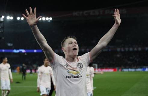 Scott McTominay of Manchester United ManU celebrates during the UEFA Champions League Round of Sixteen match at the Parc des Princes Stadium, Paris. Picture date: 6th March 2019. Picture credit should read: David Klein Sportimage EDITORIAL USE ONLY. No use with unauthorised audio, video, data, fixture lists, club league logos or live services. Online in-match use limited to 120 images, no video emulation. No use in betting, games or single club league player publications. _1DK5972.JPG