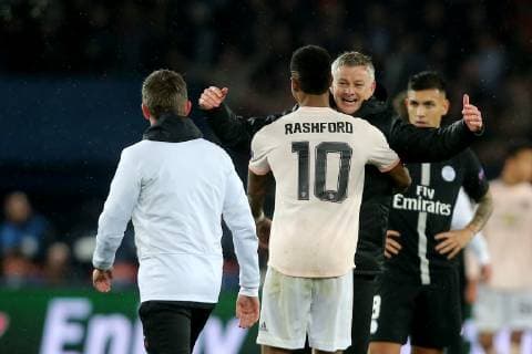 Paris, France, 06.03.2019, UEFA Champions League - 2018 19 Season, Round of 16, 2nd leg, Achtelfinale, Paris Saint-Germain - Manchester United ManU Marcus Rashford (MNU) und Trainer Ole Gunnar Solskjaer (MNU) jubel nach dem Sieg ( DeFodi541