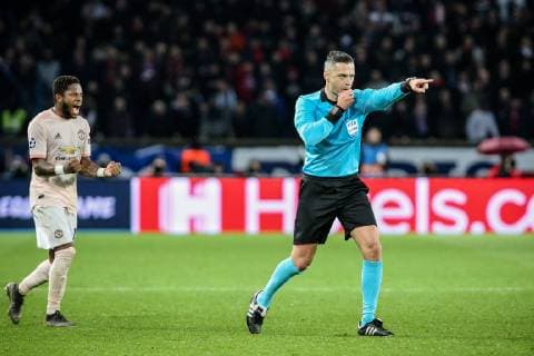 Referee Damir Skomina indicates the penalty point during Round of 16, second leg of UEFA Champions League match between Paris Saint Germain and Manchester United ManU FC at the Parc des Princes, in Paris on March 6th, 2019.  Copyright: xAurelienxMorissardx