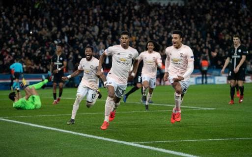 Paris Saint-Germain v Manchester United ManU UEFA Champions League Marcus Rashford of Manchester United celebrates after scoring his team s 3rd goal to make it 3-1 during the UEFA Champions League match at Parc des Princes, Paris Content Not Available For UK Newspapers Copyright: xRussellxHartx FIL-12959-0071