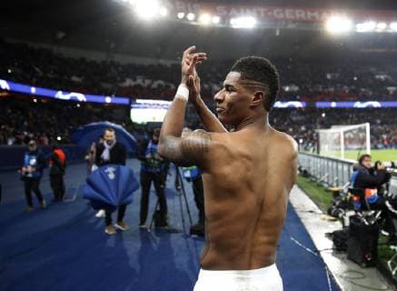 Manchester United ManU Ä?s Marcus Rashford celebrates at the final whistle during the UEFA Champions League Round of Sixteen match at the Parc des Princes Stadium, Paris. Picture date: 6th March 2019. Picture credit should read: David Klein Sportimage EDITORIAL USE ONLY. No use with unauthorised audio, video, data, fixture lists, club league logos or live services. Online in-match use limited to 120 images, no video emulation. No use in betting, games or single club league player publications. _K2I8050.JPG