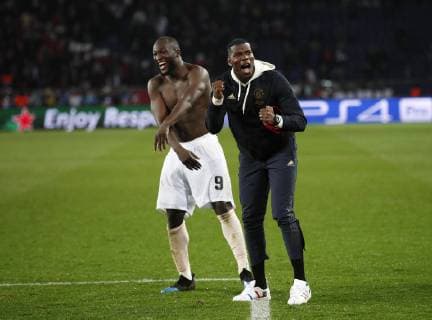 Manchester United ManU s Romelu Lukaku and Paul Pogba celebrate at the final whistle during the UEFA Champions League Round of Sixteen match at the Parc des Princes Stadium, Paris. Picture date: 6th March 2019. Picture credit should read: David Klein Sportimage EDITORIAL USE ONLY. No use with unauthorised audio, video, data, fixture lists, club league logos or live services. Online in-match use limited to 120 images, no video emulation. No use in betting, games or single club league player publications. _1DK6157.JPG