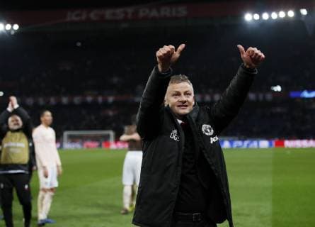 Manchester United ManU s Ole Gunnar Solskjaer celebrates at the final whistle during the UEFA Champions League Round of Sixteen match at the Parc des Princes Stadium, Paris. Picture date: 6th March 2019. Picture credit should read: David Klein Sportimage EDITORIAL USE ONLY. No use with unauthorised audio, video, data, fixture lists, club league logos or live services. Online in-match use limited to 120 images, no video emulation. No use in betting, games or single club league player publications. SPI_073_DK_PSG_Man_Utd.jpg
