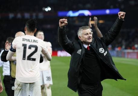 Manchester United ManU s Ole Gunnar Solskjaer celebrates at the final whistle during the UEFA Champions League Round of Sixteen match at the Parc des Princes Stadium, Paris. Picture date: 6th March 2019. Picture credit should read: David Klein Sportimage EDITORIAL USE ONLY. No use with unauthorised audio, video, data, fixture lists, club league logos or live services. Online in-match use limited to 120 images, no video emulation. No use in betting, games or single club league player publications. SPI_074_DK_PSG_Man_Utd.jpg