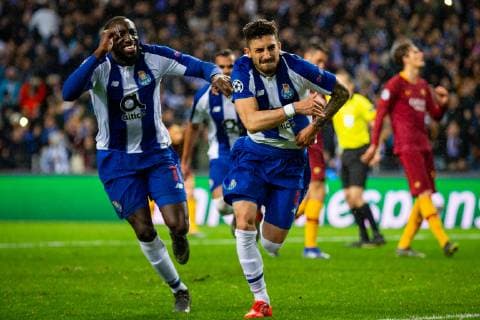 March 6, 2019 - Porto, Portugal - FC Porto s players Alex Telles (R) and Moussa Marega (L) celebrates the third goal during the match against AS Roma for the UEFA Champions League round 16th 2nd leg at Dragon Stadium in Porto..Final Score: FC Porto 3-1 AS Roma UEFA Champions League: FC Porto vs AS Roma in Portugal - 06 Mar 2019 - ZUMAs197 20190306_zaa_s197_168 Copyright: xDiogoxBaptistax