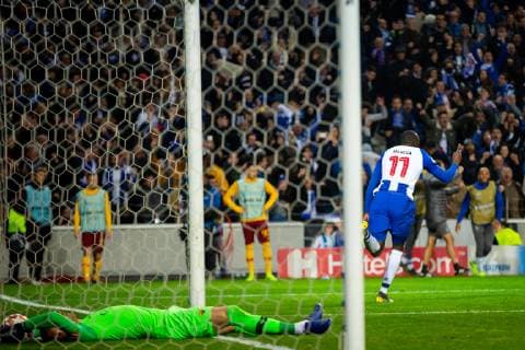 March 6, 2019 - Porto, Portugal - FC Porto s player Moussa Marega (R) scores the second goal during the match against AS Roma for the UEFA Champions League round 16th 2nd leg at Dragon Stadium in Porto..Final Score: FC Porto 3-1 AS Roma UEFA Champions League: FC Porto vs AS Roma in Portugal - 06 Mar 2019 - ZUMAs197 20190306_zaa_s197_173 Copyright: xDiogoxBaptistax