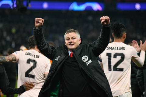 March 6, 2019 - Paris, ile de france, France - Manchester Head Coach, Ole Gunnar Solskjaer celebrate the win at the 8th final of the Champions league s match between Paris Saint-Germain (PSG) and Manchester United ManU (MAN U) at Parc des Princes Stadium on March 06, 2019 in Paris, France. Paris Saint-Germain v Manchester United - UEFA Champions League  - ZUMAn230 20190306_zaa_n230_387 Copyright: xJulienxMattiax