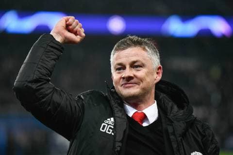 March 6, 2019 - Paris, ile de france, France - Manchester Head Coach, Ole Gunnar Solskjaer celebrate the win at the 8th final of the Champions league s match between Paris Saint-Germain (PSG) and Manchester United ManU (MAN U) at Parc des Princes Stadium on March 06, 2019 in Paris, France. Paris Saint-Germain v Manchester United - UEFA Champions League  - ZUMAn230 20190306_zaa_n230_389 Copyright: xJulienxMattiax