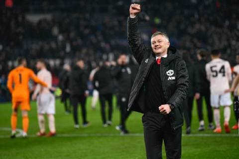 March 6, 2019 - Paris, ile de france, France - Manchester Head Coach, Ole Gunnar Solskjaer celebrate the win at the 8th final of the Champions league s match between Paris Saint-Germain (PSG) and Manchester United ManU (MAN U) at Parc des Princes Stadium on March 06, 2019 in Paris, France. Paris Saint-Germain v Manchester United - UEFA Champions League  - ZUMAn230 20190306_zaa_n230_391 Copyright: xJulienxMattiax