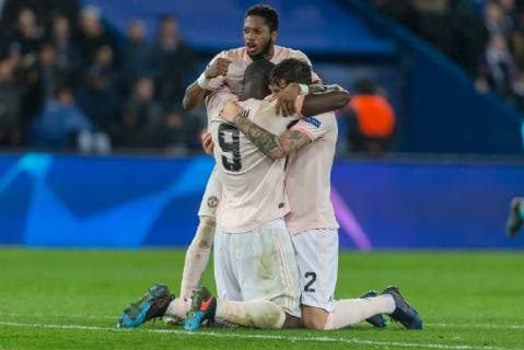 Paris, France, 06.03.2019, UEFA Champions League - 2018 19 Season, Round of 16, 2nd leg, Achtelfinale, Paris Saint-Germain - Manchester United ManU Romelu Lukaku (MNU), Fred (MNU) und Victor Lindeloef (MNU) Jubeln nach dem 0:2 ( DeFodi541