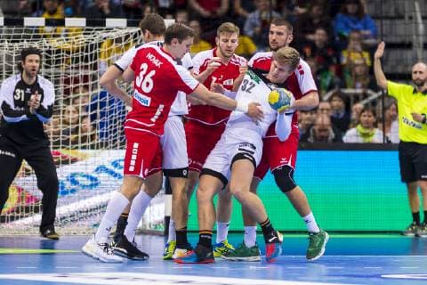 Düsseldorf, Deutschland 09. März 2019: Handball DHB Männer Laenderspiel - 18 19 - Deutschland vs. Schweiz Philip Novak (Schweiz), Samuel Röthlisberger Roethlisberger (Schweiz TVB Stuttgart), Franz Semper (SC DHfK Leipzig), Mucas Meister (Schweiz) Düsseldorf ISS Dome Nordrhein-Westfalen Deutschland
