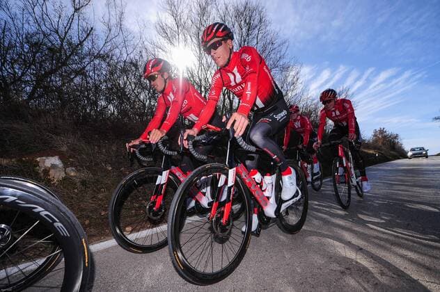 Training mit dem Development Team Sunweb in Istrien - hier mit Leon Heinschke (GER) - Ben Katerberg (CAN CDN) - Edo Maas (NED) - Florian Stork (GER) - Niklas Maerkl Märkl (GER) - und Ludvig Anton Wacker (DEN DK) - Querformat - quer - horizontal - Event Veranstaltung: Training Development Team Sunweb in Istrien - Ort Location: Porec - Region: Istrien Istria - Land Country: Kroatien Croatia - Datum Date: 08.03.2019 Cycling Radsport Training Development Team Sunweb in Istrien 08.03.2019