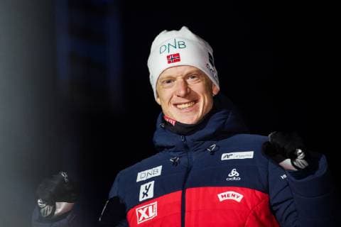 Biathlon, WM Östersund, 10km Sprint Herren, Siegerehrung 190309 Johannes Thingnes Bö of Norway celebrates his first place at the medal ceremony for the Men s 10 KM sprint during the IBU World Championships Biathlon on March 9, 2019 in Östersund. Photo: Petter Arvidson BILDBYRAN kod PA 92253 Copyright: PETTERxARVIDSON BB190309PA229