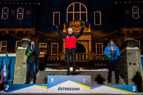 Biathlon, WM Östersund, 10km Sprint Herren, Siegerehrung 190309 Alexander Loginov of Russia, Johannes Thingnes Bö of Norway and Quentin Fillon Maillet of France celebrates at the podium at the medal ceremony for the Men s 10 KM sprint during the IBU World Championships Biathlon on March 9, 2019 in Östersund. Photo: Petter Arvidson BILDBYRAN kod PA 92253 Copyright: PETTERxARVIDSON BB190309PA233